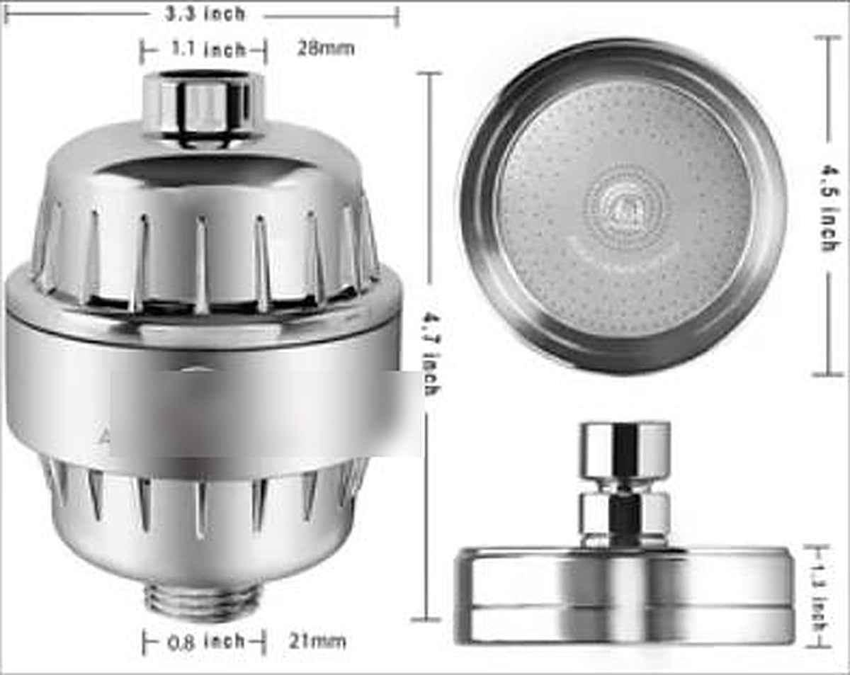 Dimensions — filter unit 3.3 x 4.7 inches with standard half-inch fittings; rain head 4.5 inches