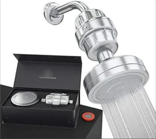 15-stage filtered showerhead set — filter unit, rain shower head, and replacement cartridge in gift box
