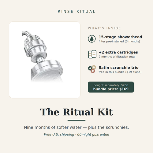 The Ritual Kit — showerhead, 2 extra cartridges, satin scrunchie trio